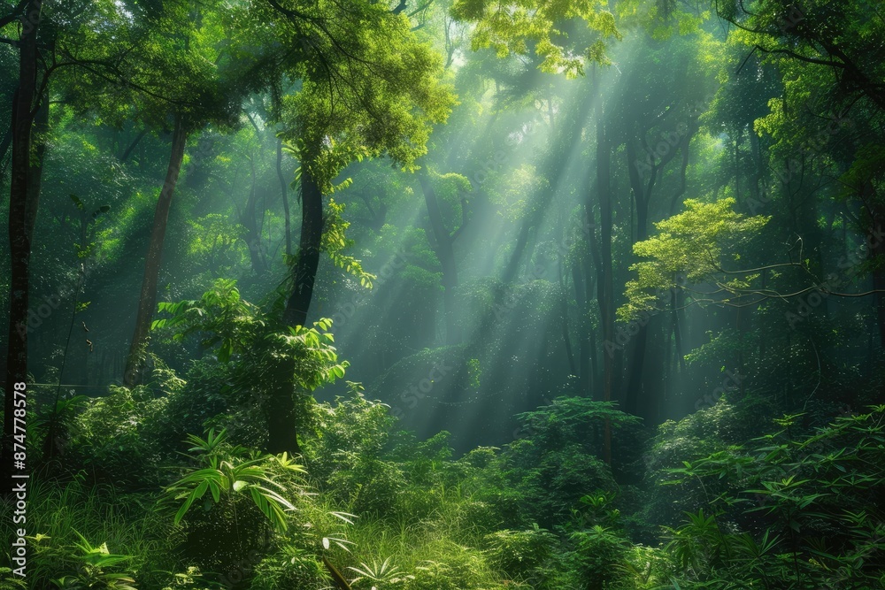 Poster a forest with sunbeams shining through the trees, lush forest with sunlight filtering through the trees