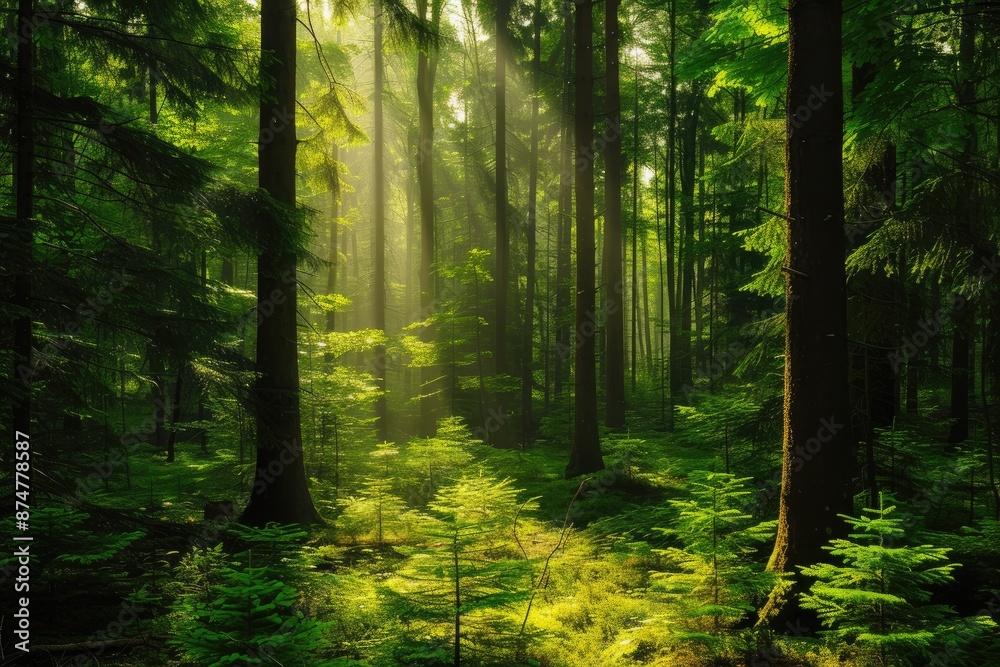 Poster a forest with sunbeams shining through the trees, lush forest with sunlight filtering through the trees