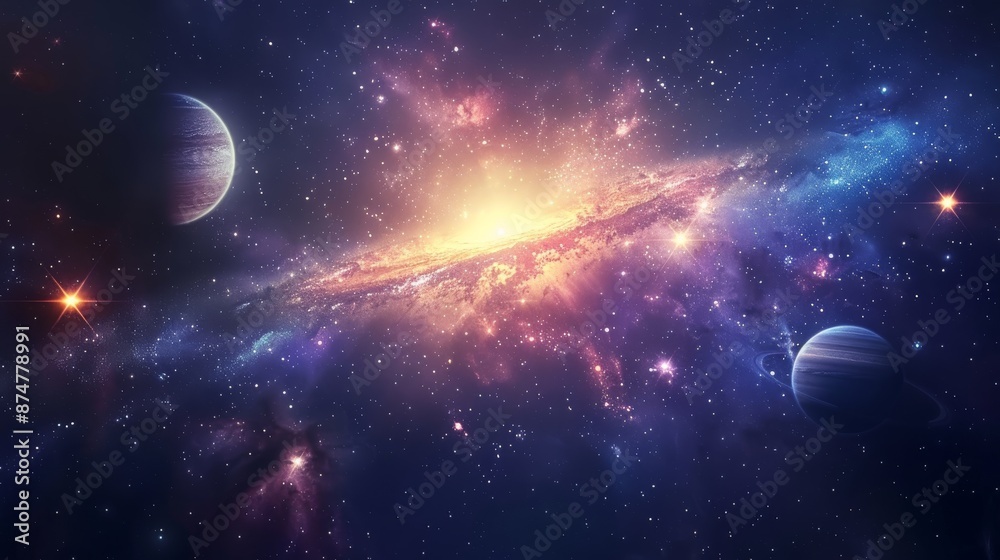 Wall mural planets in a distant galaxy with a backdrop of cosmic dust and bright stars generative ai