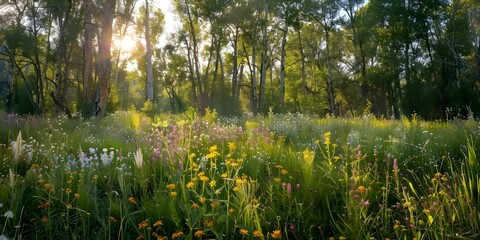 Fototapeta premium Sunlight streaming through towering trees onto vibrant meadow with wildflowers. Concept Nature Photography, Sunlit Meadows, Wildflower Fields, Tree Shadows, Outdoor Beauty