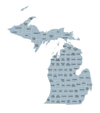 Michigan counties, gray political map. A state in the Great Lakes region of the Upper Midwest of the United States, subdivided into 83 counties. Map with county boundaries and names. Illustration