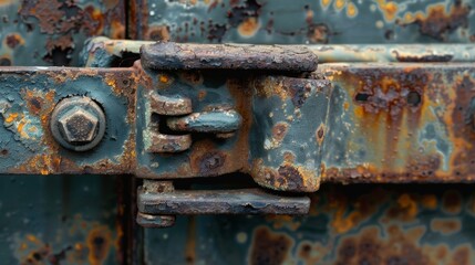 A photograph of a hood latch on a vintage car with rust and wear visible on the metal components.