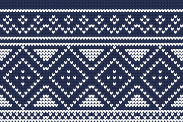 White on a blue background. White and Blue Knitted Pattern Vector, Knitted geometrical pattern. White and blue background. Vector illustration