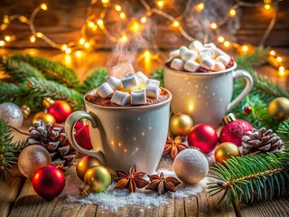 Festive arrangement of steaming hot cocoa cups with fluffy marshmallows, encircled by twinkling Christmas lights and colorful ornaments, evoking warmth and holiday cheer.