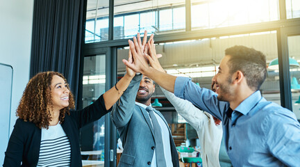 People, high five and diversity in workplace for business meeting, collaboration or partnership....