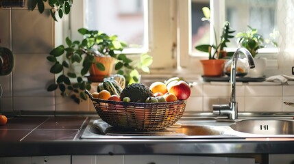 Fruits in a basket on the countertop in the kitchen.