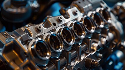 A closeup of a compact engine block featuring multiple cylinders and pistons each labeled with their corresponding numbers.