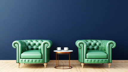 Two comfortable turquoise leather Chesterfield armchairs beside a round table with a coffee cup against navy blue wall in a stylish, minimalistic room. Copy space.