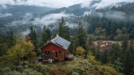 A remote cabin equipped with off-grid solar panels and a small wind turbine, demonstrating self-sufficiency and sustainable living in harmony with nature, set in a picturesque forested area