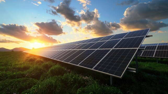 A solar tracker system in a large solar farm, with panels tilting to follow the sun's path, maximizing energy absorption, highlighting the innovation and efficiency of modern solar technology