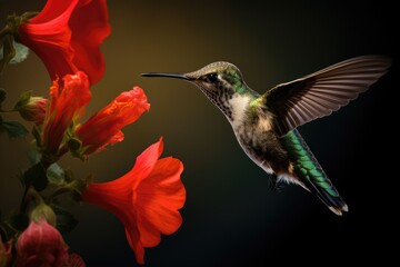 Fototapeta premium a hummingbird flying towards a pink flower, tiny hummingbird sipping nectar