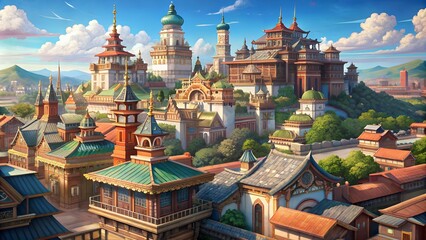 An enchanting digital painting of a sprawling fantasy city with a mix of eastern and western architectural styles