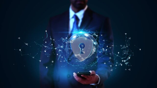 Businessman virtual display HUd Hologram Cyber security data network security or information privacy idea. abstract hi speed hacker attack protection. blockchain Encrypted cyber threats. 4K 3D