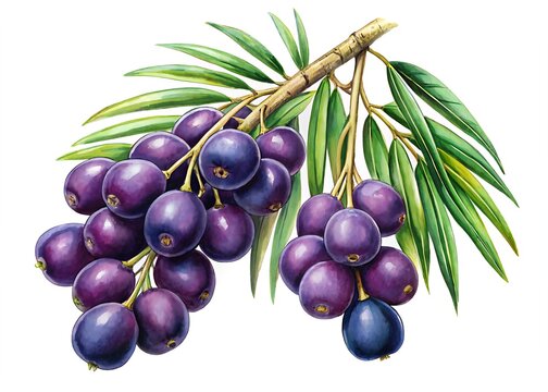 Vibrant dark purple acai berries clusters hang from palm tree branches, showcasing grape-like fruit in panicles, ripe and ready for harvest in warm natural light.