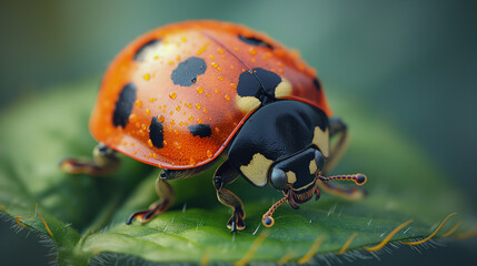 Fototapeta premium Close-Up of a Vibrant Ladybug on a Green Leaf in Natural Outdoor Setting