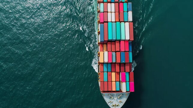 Aerial view of a busy seaport, cargo ships, containers, and trucks in perfect coordination, illustrating modern freight and transport logistics