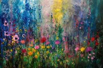a painting of flowers in a field, Summer wildflower meadow