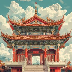 Naklejka premium Majestic Asian Temple Entrance Gate with Rich Colors - Detailed Illustration of Traditional Architecture and Design