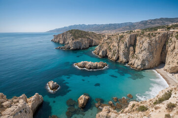 Fototapeta premium Breathtaking view of coastal cliffs with turquoise water and hidden beach