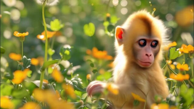 An adorable baby golden tamarin monkey in its natural habitat, sitting among vibrant yellow flowers in a lush green meadow. 