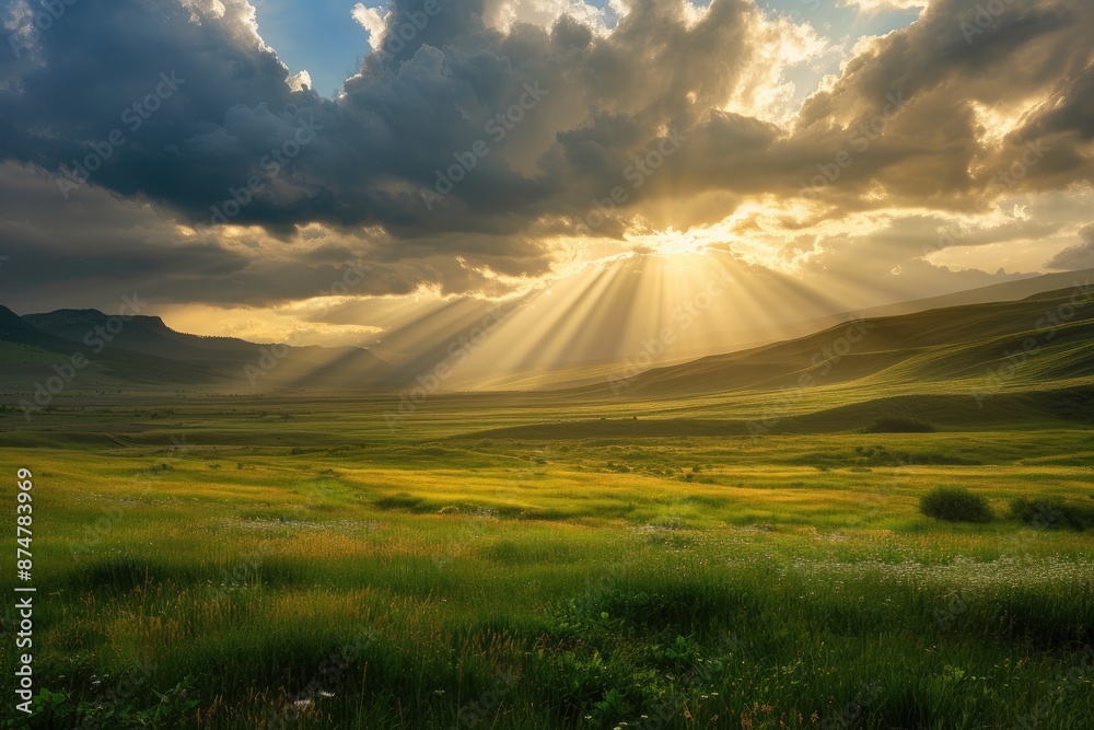 Poster a field with grass and flowers under a cloudy sky, the sun breaking through the clouds, casting gold
