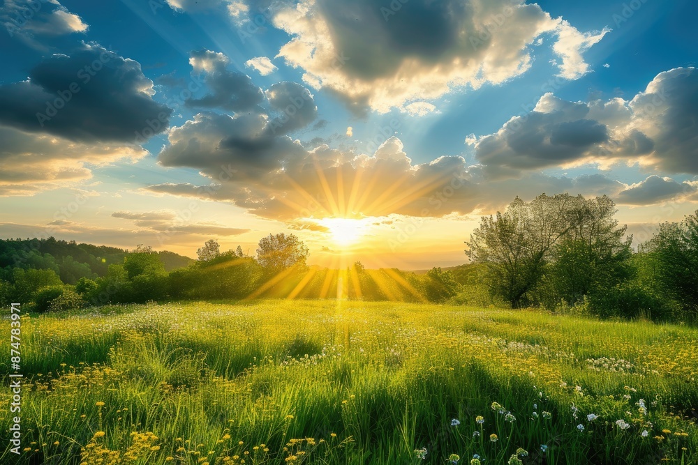 Poster a field with grass and flowers under a cloudy sky, the sun breaking through the clouds, casting gold