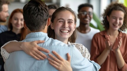 Smiling supportive diverse businesspeople congratulate excited young Caucasian female employee with job promotion or success. copy space for text.