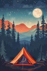 Fototapeta premium Illustration of a tent in front of an outdoor forest and mountain landscape, with a starry night sky,