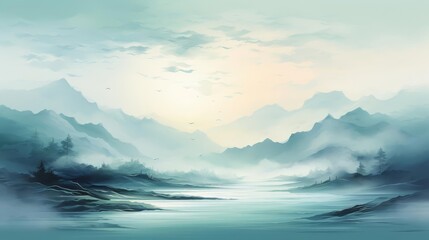 A tranquil abstract background illustration with soft brushstrokes in blues and greens, layered to create a peaceful depth