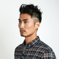 Fototapeta premium Japanese man with classic taper haircut, wearing a trendy shirt, looking stylish, Portrait half-body, hyper-realistic, high detail, photorealistic, white background, studio lighting, Key Light, Fill