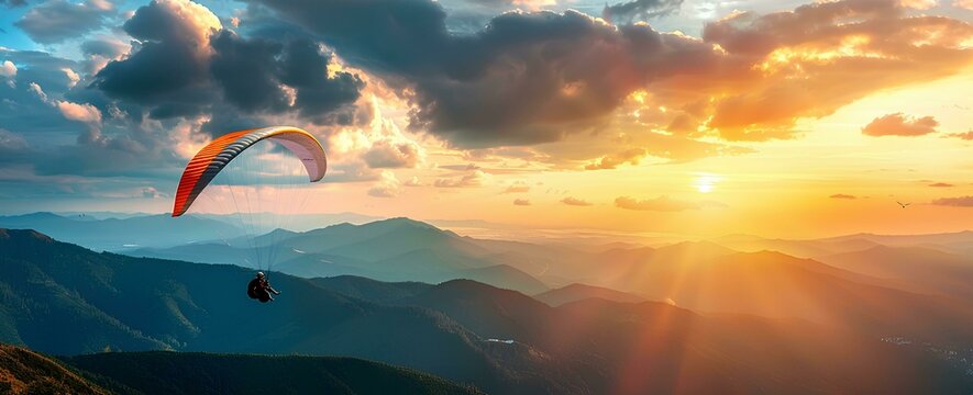 Beautiful paragliding over the mountains at sunset, parapent flying in alps with colorful sky and clouds, adventure sport concept banner background