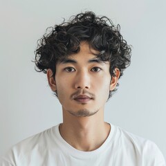 Fototapeta premium Japanese man with curly top hairstyle, wearing a t-shirt, looking stylish, Portrait half-body, hyper-realistic, high detail, photorealistic, white background, studio lighting, Key Light, Fill Light,