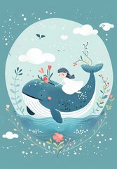 Naklejka premium A cute wedding invitation template featuring two whales swimming in blue water, an bride sitting on her boat wearing flowers around their necks, with pastel colors