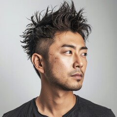Obraz premium Japanese man with a quiff hairstyle, wearing a casual shirt, looking fashionable, Portrait half-body, hyper-realistic, high detail, photorealistic, white background, studio lighting, Key Light, Fill