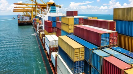Fototapeta premium Containers being loaded onto a freight vessel at dock, illustrating the intricate process of sea transport and international delivery