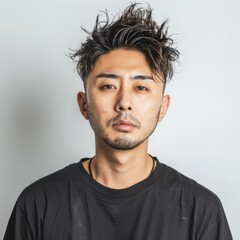 Fototapeta premium Japanese man with short back and sides hairstyle, wearing a casual t-shirt, looking trendy, Portrait half-body, hyper-realistic, high detail, photorealistic, white background, studio lighting, Key