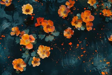 A closeup of orange and yellow flowers in the water
