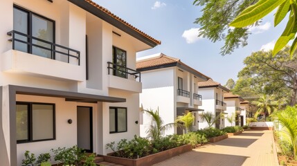 Fototapeta premium Village setting with beautiful abodes, offering comfortable accommodations in a harmonious community, a tranquil and inviting environment