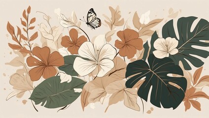 Vintage botanical illustration featuring cream and orange tropical flowers, large green leaves, and butterflies. 
Elegant composition with soft tones creates a serene and captivating natural ambiance