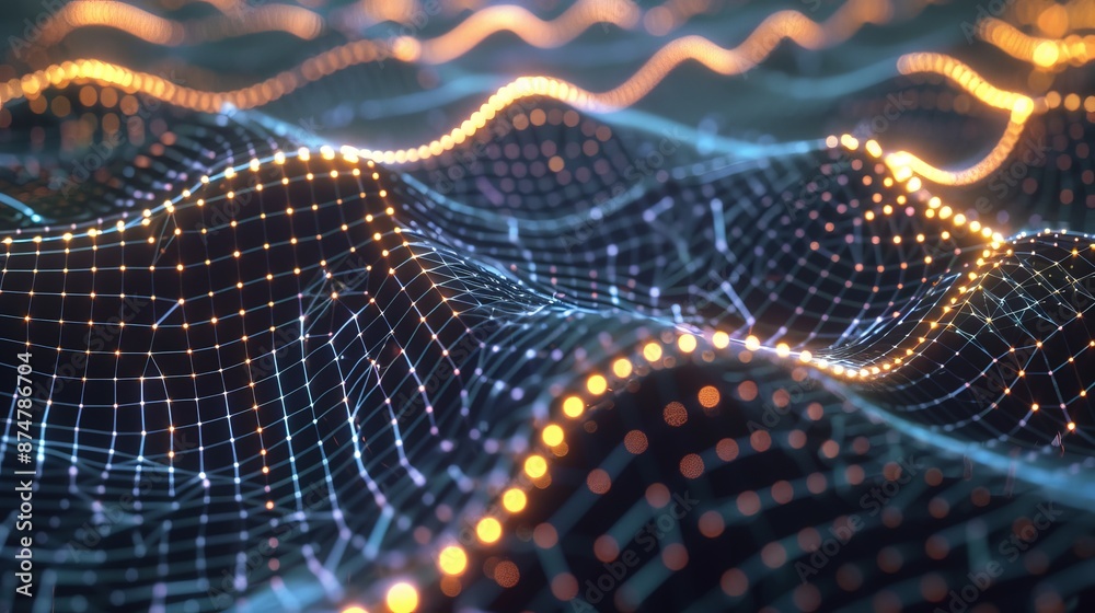 Poster an abstract representation of artificial intelligence, featuring a neural network made of glowing no