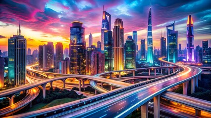 Fototapeta premium Vibrant futuristic metropolis with neon-illuminated expressways curling through towering skyscrapers, casting a kaleidoscope of colors across the dark urban landscape at dusk.