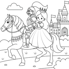 Knight and a Princess Riding a Horse outline coloring page