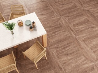 Luxury dining area interior. Marble Texture floor. Italian slab marble, wooden chairs, ceramic table. High Resolution. 3D Rendering