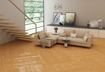 Luxurious interior living room with brown tile flooring and walls, a cozy sofa with a wooden coffee table in the middle, a gray sofa rug, wooden furniture, and decor wall aside to enhance the look. 3D