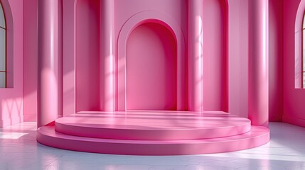 Pink Stage, Minimalist, 3D, Modern, Design, Background, Studio, Abstract, Architecture, Geometric, Light, Interior,  Pink