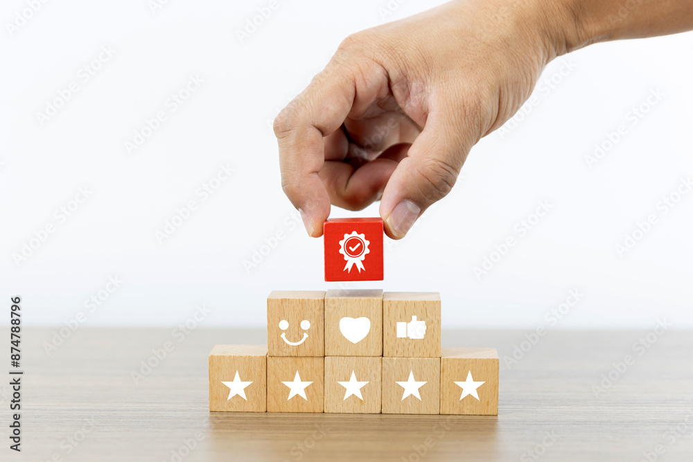 Aufkleber hand choose wooden block with customer service smile face icon for best excellent satisfaction surve