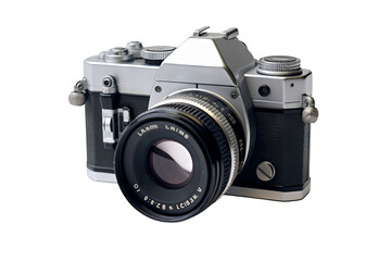 Fototapeta premium Vintage 35mm film camera without lens flatlay on transparent background – high-resolution PNG for photography and design projects