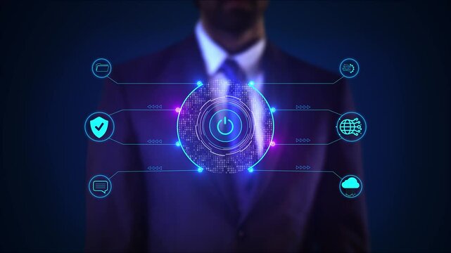 Businessman virtual display HUd Hologram Future and Innovation Internet and network Smart device switch on off. Artificial Intelligence Internet. Machine Learning, Computer Technology, Neural Network.