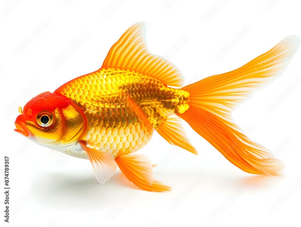 Poster Elegant Goldfish with Flowing Tail Fins in Bright Orange Color on White Background