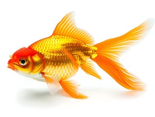 Fototapeta premium Elegant Goldfish with Flowing Tail Fins in Bright Orange Color on White Background